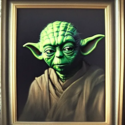 Image similar to a portrait painting of yoda from star wars in a renaissance style hanging in the louvre