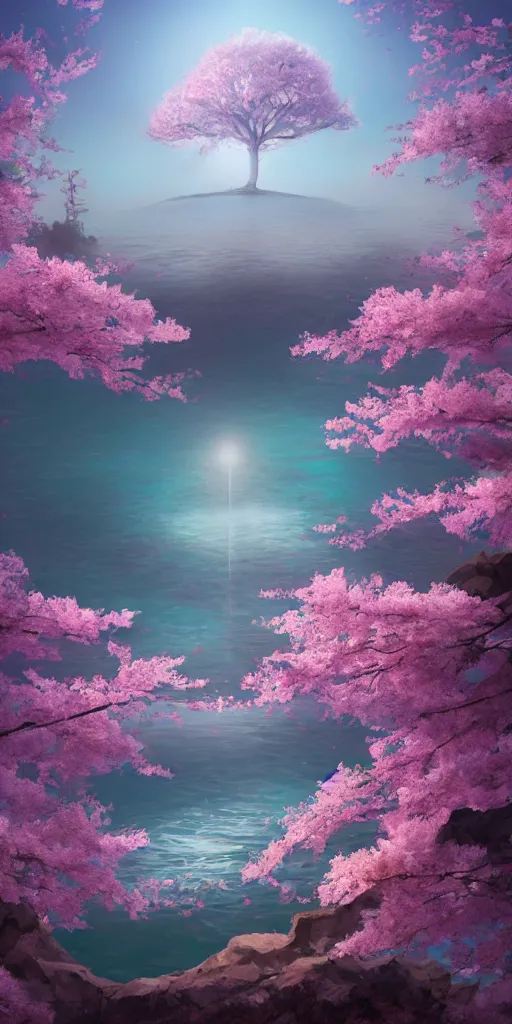 Image similar to a single sakura tree growing upon an island in a lake, cherry blossoms, illustration, light beams, digital art, oil painting, fantasy, 8 k, trending on artstation, detailed