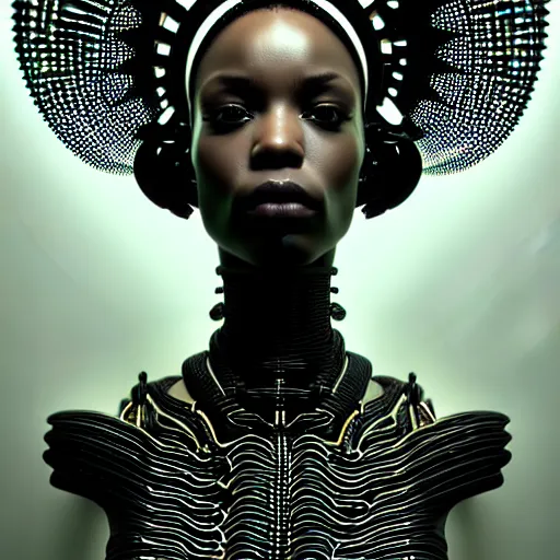 Image similar to portrait of an absurdly beautiful, graceful, sophisticated, fashionable black cyberpunk mechanoid gravure idol, hyperdetailed illustration by irakli nadar, maria borges, matt wisniewski style, intricate linework, dark black skin, neon jellyfish headdress, ivory carved ruff, unreal engine 5 highly rendered, global illumination, radiant light, detailed and intricate environment