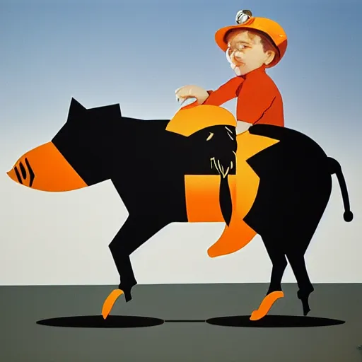 Image similar to retro futuristic boy wearing crown riding on the back of a pig by syd mead, high contrast, sharp, 8k