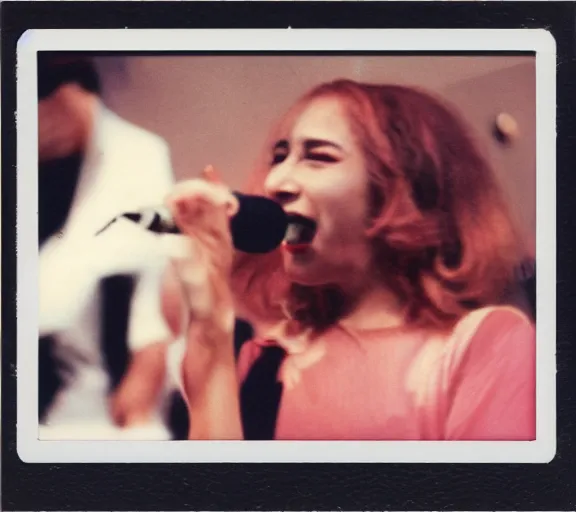 Prompt: polaroid photo of singer singing in an japan 1 9 8 0 pop big concert, photo by louise dahl - wolfe, color photo, colored