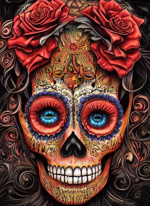 Image similar to portrait of a sugar skull, flaming eyes, intricate, highly detailed, smooth, digital illustration, artstation, the dark and quirky art of scott radke