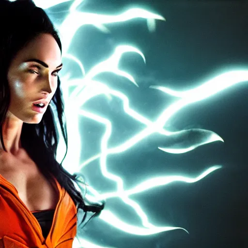 Prompt: face photo of megan fox as super saiyan as goku powering up wearing hoodie electric energy dramatic lighting by annie leibovitz