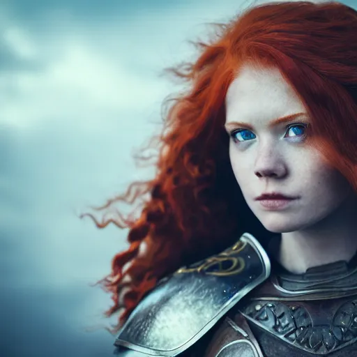 Image similar to north female warrior, red hair, ginger hair, fantasy, high detailed, full body, photography, cloudy, lightweight armor, Scandinavia, plain, Authentic, detailed face, cute face, professional photographer, 8k 3D