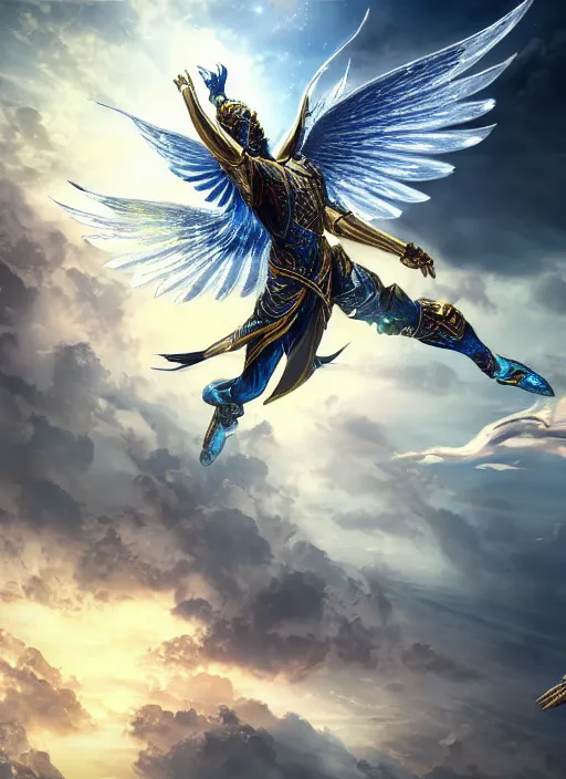 Image similar to archangel micheal flying in sky by huang guangjian, taekwon kim rostbite 3 engine, cryengine, dof, trending on artstation, digital art, chanel, dior, fantasy and detailed and intricate background