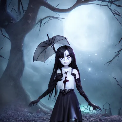 Prompt: full shot portrait of angry darkness cute anime girl at moonlight, gothic wearing, umbrella, inspired by Tim Burton, Norihiro Yagi, WLOP, Marc Simonetti, Amano, Andrei Riabovitchev, detailed, unreal engine 4k volumetric light, fog,