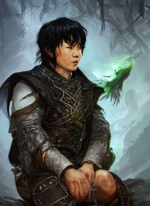 Image similar to asian with medium black hair man sitting at his desk look down at me, low angle, camera low, dndbeyond, bright, colourful, realistic, dnd character portrait, full body, pathfinder, pinterest, art by ralph horsley, dnd, rpg, lotr game design fanart by concept art, behance hd, artstation, deviantart, hdr render in unreal engine 5