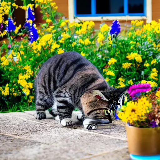 Image similar to photo of a cat drinking water surrounded by blue, purple, and yellow flowers in a modern house