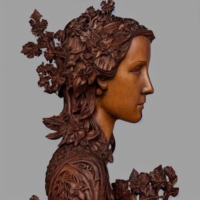 Image similar to a 3 d wooden mahogany art nouveau carved sculpture of a young millie bobby brown or alicia vikander with long hair blowing in the wind, in front of a delicate tracery pattern, intricate and highly detailed, well - lit, ornate, realistic, polished with visible wood grain