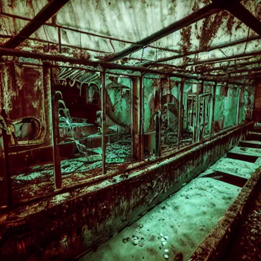 Image similar to abandoned rusty underwater theme park, surreal, horror, eerie, creepy, murky water, underwater, underwater photography, dark, submechanophobia, animatronics,