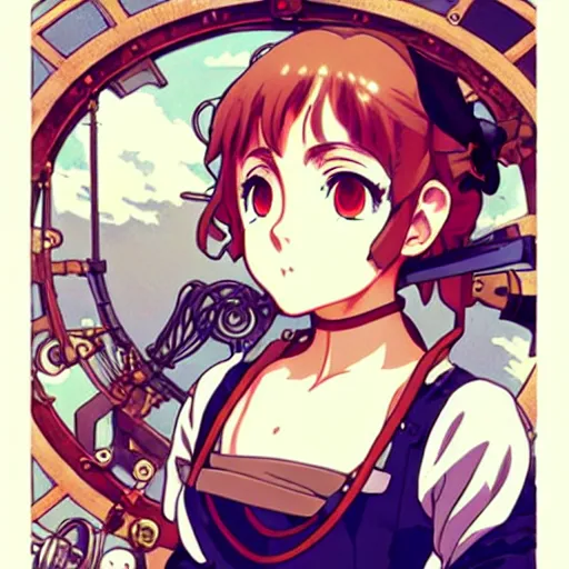 Image similar to anime annasophia robb as an airship mechanic at her crammed workbench, steampunk, defined facial features, highly detailed, busy, artstation, official artbook, official Kyoto Animation and Studio Ghibli anime screenshot, by Ilya Kuvshinov and Alphonse Mucha