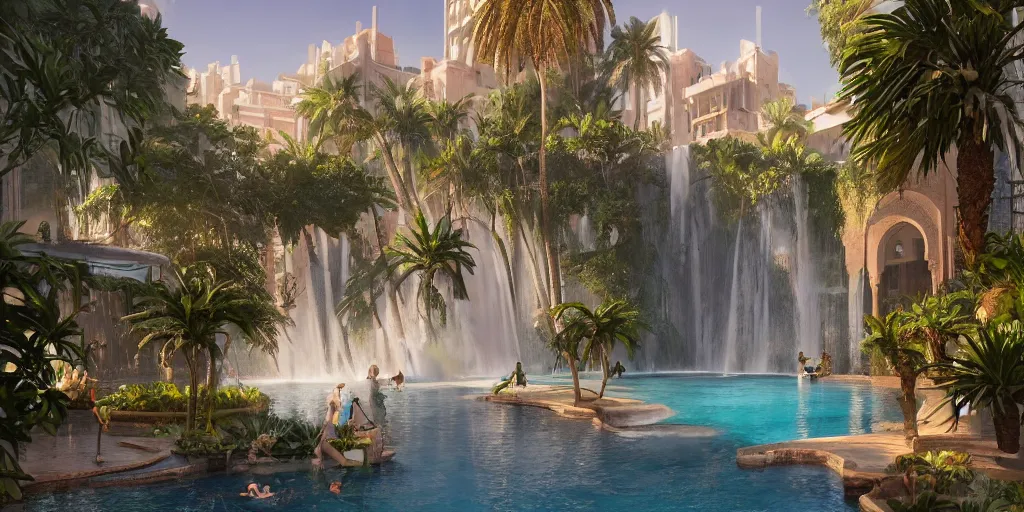 Image similar to beautiful pool waterfalls surrounded by palm trees, moroccan tile archways, industrial buildings, ivory towers, sun setting, ross tran, fantasy, james jean, peter morbacher, angelarium, alchemy, luxury, heavenly light, soft illumination, trending on artstation, cinematic lighting, digital painting, octane render, artgerm