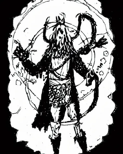 Image similar to a druid standing in a circle at the beginning of the world by mike mignola