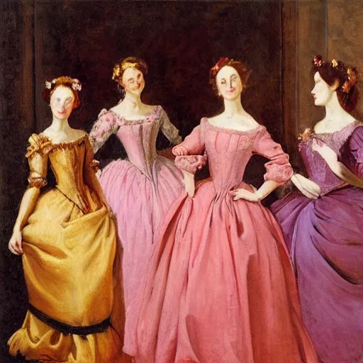 Image similar to group of skinny female artist wearing renaissance dresses, pink and gold flowers in the style of realism, renaissance oil painting, tonalism, rococo, manga