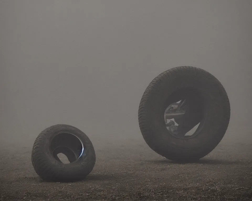 Image similar to a horror movie poster featuring a tire in a smokey desert