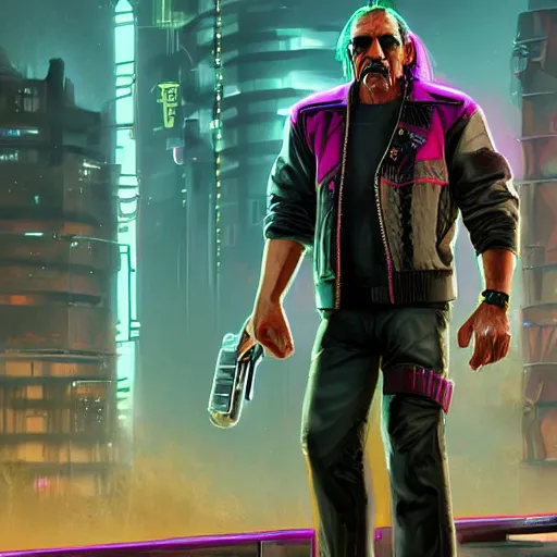 Prompt: danny trejo in cyberpunk 2 0 7 7, concept art by marthe jonkers