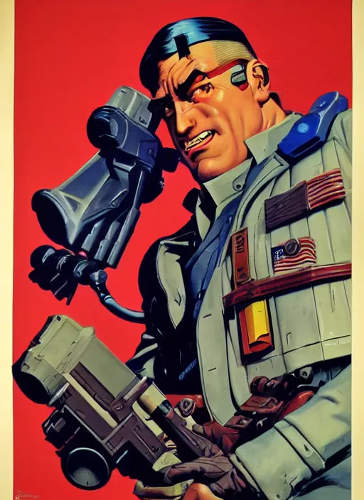 Image similar to american propaganda poster. cyberpunk mercenary. portrait by jean giraud and anton otto fischer and john philip falter and will eisner and gil elvgren. realistic proportions. tf 2, overwatch.