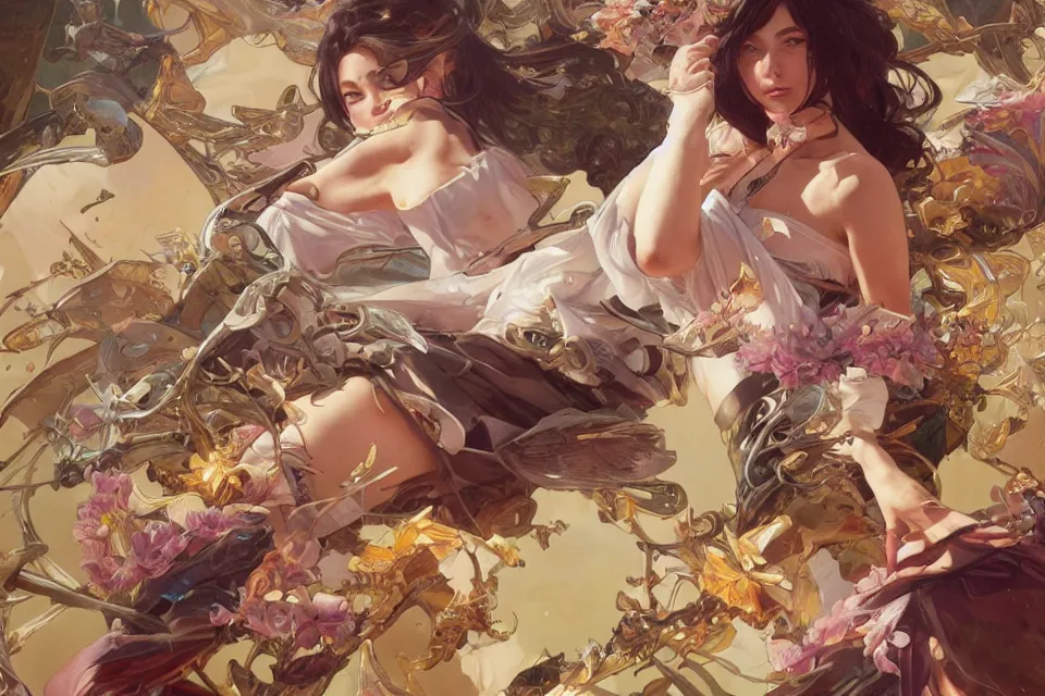 Image similar to ultra realistic illustration, full body creamy mami food fight, sci - fi, fantasy, intricate, elegant, highly detailed, digital painting, artstation, concept art, smooth, sharp focus, illustration, art by artgerm and greg rutkowski and alphonse mucha