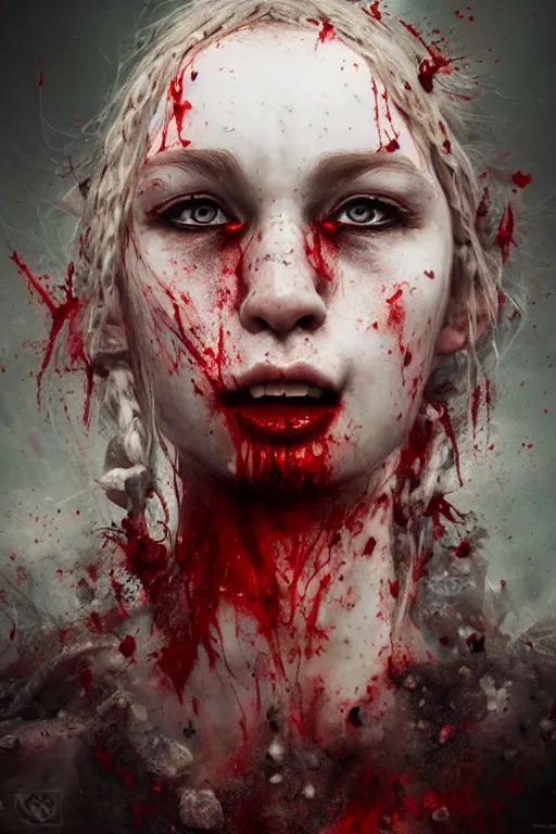 Prompt: photorealistic portrait of a viking girl roaring with blood splattered on her by ayami kojima and ewelina kowalczyk and alessio albi, trending on artstation