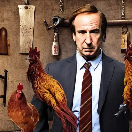 Image similar to saul goodman and a rooster in a medieval torture chamber, saw blades and knives in the background, horror movie, saul goodman!!!, rooster!!!!, real life photo, detailed face!