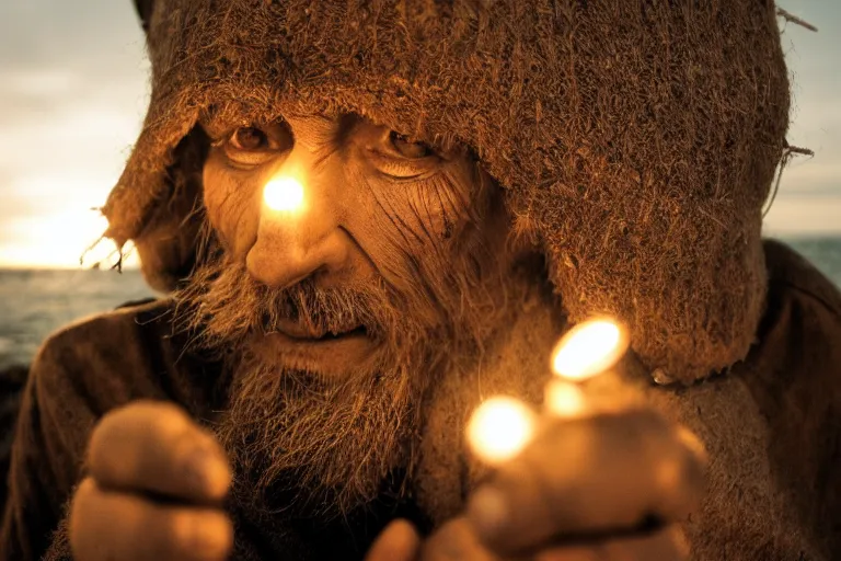 Image similar to closeup old man holding up a lantern on the beach in a pirate bay meet to a old wood shack by emmanuel lubezki