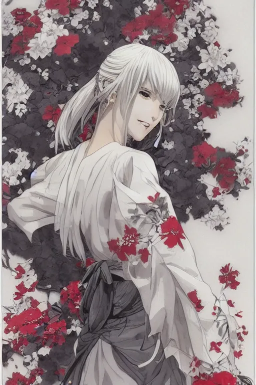 Prompt: (beautiful) girl, silver hair, white kimono with complex red flower patterns, full body, looking to camera, showing her shoulder from back, ilustration by Takehiko Inoue ((and Krenz Cushart))