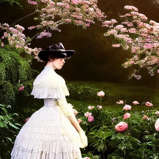 Image similar to full body fashion model emma watson smokey eyes makeup eye shadow fantasy, glow, shimmer as victorian woman in a long white frilly lace dress and a large white hat having tea in a sunroom filled with flowers, roses and lush fern flowers ,intricate, night, highly detailed, dramatic lighting , high quality by Hasui Kawase by Richard Schmid