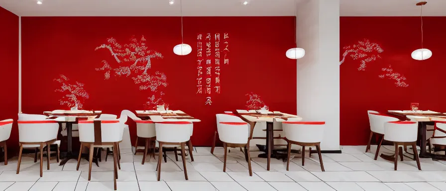 Prompt: a beautiful simple interior render of roasted string hotpot restaurant restaurant yan'an, wall corner, from china, red paper wall and white tile floor, with merchant logo, fine simple delicate structure, chinese style, simple composition, simple style structure decoration design, victo ngai, 4 k hd