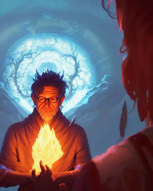 Image similar to highly detailed vfx portrait of an old mage casting a fire spell, unreal engine, greg rutkowski, loish, rhads, beeple, makoto shinkai and lois van baarle, ilya kuvshinov, rossdraws, tom bagshaw, alphonse mucha, global illumination, detailed and intricate environment