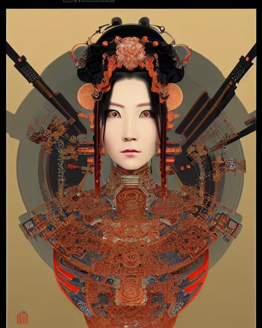 Prompt: portrait of a cyberpunk machine, machine face, upper half portrait, decorated with chinese opera motifs, asian, fine china, wuxia, traditional chinese art, intricate, elegant, highly detailed, symmetry, headpiece, digital painting, artstation concept art smooth sharp focus, illustration, art by artgerm and greg rutkowski alphonse mucha 8 k