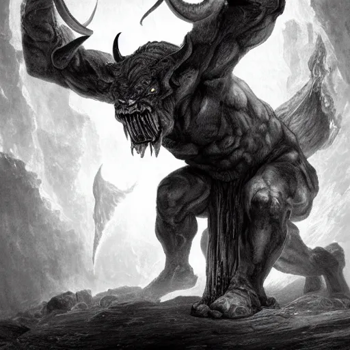 Image similar to full body, grayscale, 3/4 view, muscled humanoid balrog demon, horns, claws, large horned tail, heroic pose, flames, fire, tarot, Gustave Dore, Greg Rutkowski,