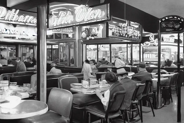 Image similar to realistic photo of a diner in the 1 9 5 0 s, highly detailed, film noir,
