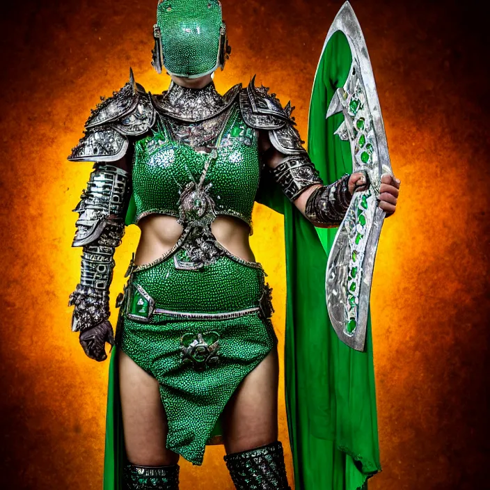 Prompt: full length photo of a beautiful strong warrior queen wearing emerald encrusted armour, highly detailed, 4 k, hdr, smooth, sharp focus, high resolution, award - winning photo