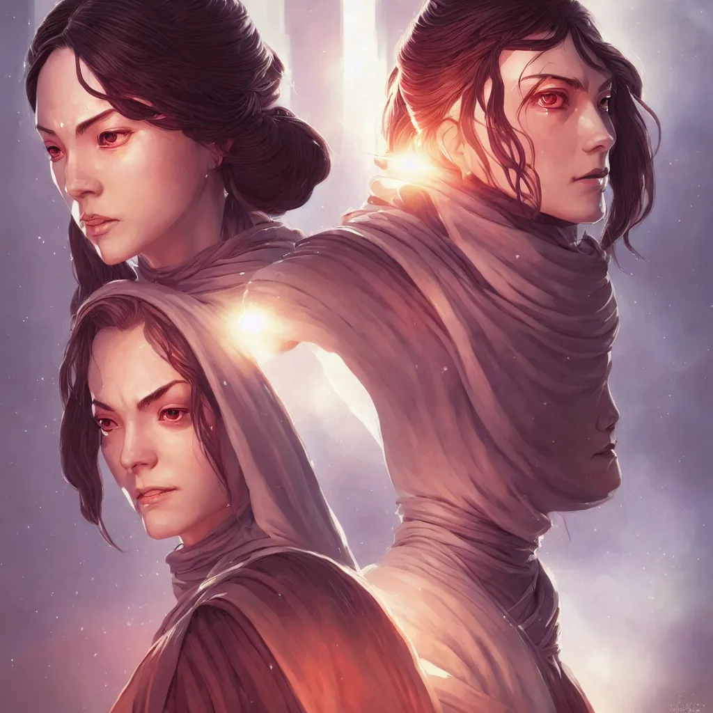 Image similar to one female jedi master, wearing the traditional jedi robe, beautiful and uniquely odd looking, detailed symmetrical close up portrait, intricate complexity, in the style of artgerm and ilya kuvshinov, magic the gathering, star wars art