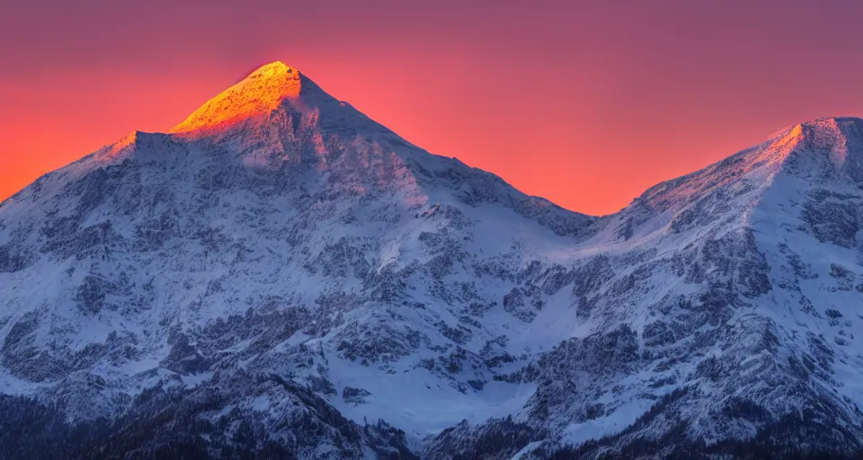 Image similar to professional photo of a snow topped mountain lit by the sunset