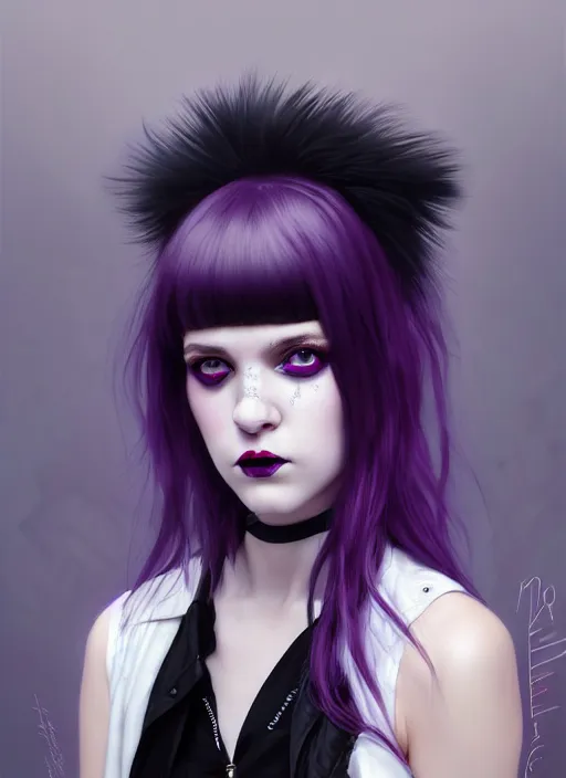 Image similar to portrait of white teenage girl, normal face, black bangs, mall goth, cyberlox, black and white hair, bangs, fluffy bangs, red contacts, purple lipstick, intricate, elegant, highly detailed, digital painting, artstation, concept art, sharp focus, smooth, illustration, art by wlop, mars ravelo and greg rutkowski