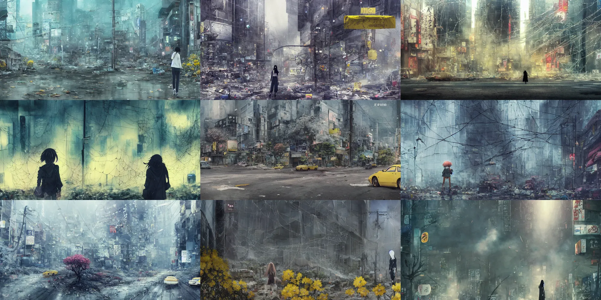 Prompt: incredible anime movie scene, mamoru oshii, otomo, ultra wide, dust cloud, vanishing point, hoody woman explorer, watercolor, empty, spiderwebs, trash, coral reef, daffodils, billboards, foggy volumetric bloom lighting, rim light, abandoned city, paper texture, deserted shinjuku junk town, wires, telephone pole, pollen, yellow, red