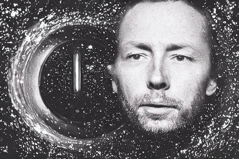 Image similar to thom yorke singer songwriter in a reflective space helmet, helmet filling up with water, video art, anamorphic lens flare, datamosh, beautiful blue eyes, eyes reflecting into eyes reflecting into infinity, eyes reflecting into eyes reflecting into infinity