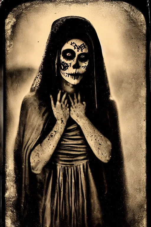 Image similar to wet collodion process, tintype virgin mary in dia de muertos dress and make up, horrific beautiful vibe, evocative, atmospheric lighting, painted, intricate, highly detailed, leesha hannigan, wayne haag, reyna rochin, ignacio fernandez rios, mark ryden, iris van herpen, stunning, gorgeous, sharp focus, cinematic, masterpiece