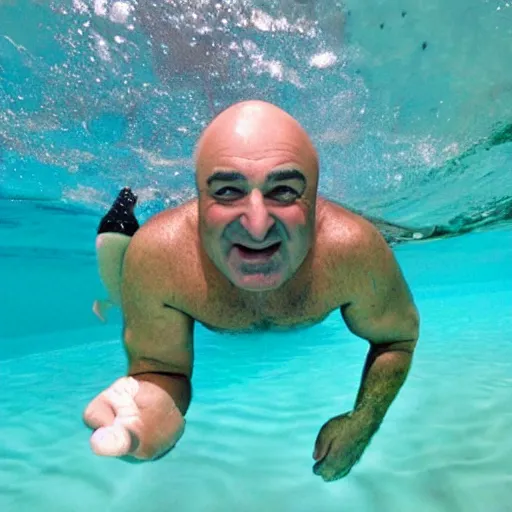 Prompt: kevin o'leary swimming inside the ocean, like a shark, taken by a gopro