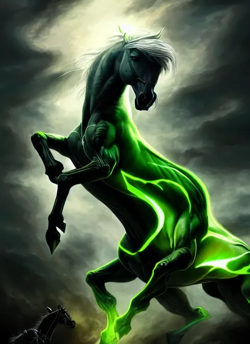 Prompt: the singular horseman of the apocalypse is riding a strong fierce ferocious rabid undead green stallion, horse is up on its hind legs, the strong male rider is death with a scithe, beautiful artwork by artgerm and rutkowski, breathtaking, dramatic