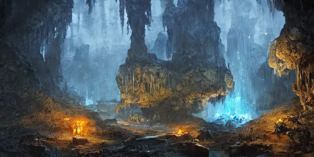 Prompt: The underground cavern of Blackreach as Far Cry 4 concept art, spring season, beautiful, gorgeous buildings, oil painting, painting by Viktor Vasnetsov, concept art, underground landscape, cavern bioluminescence, painting by Ivan Shishkin, hyperborea, high resolution, trending on artstation,