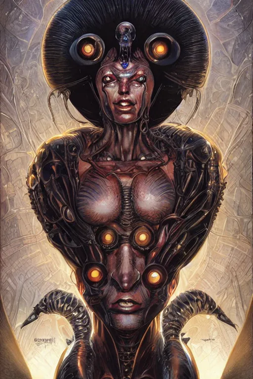 Prompt: portrait of crazy alien queen, symmetrical, by juan gimenez and brom and karol bak