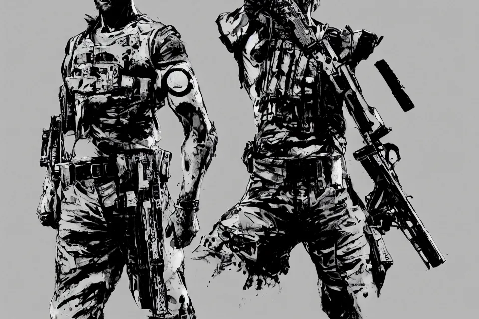 Image similar to a full - body portrait of stephen curry with guns, in yoji shinkawa's art style, metal gear solid art style highly detailed, 4 k, artistic, white background, b & w