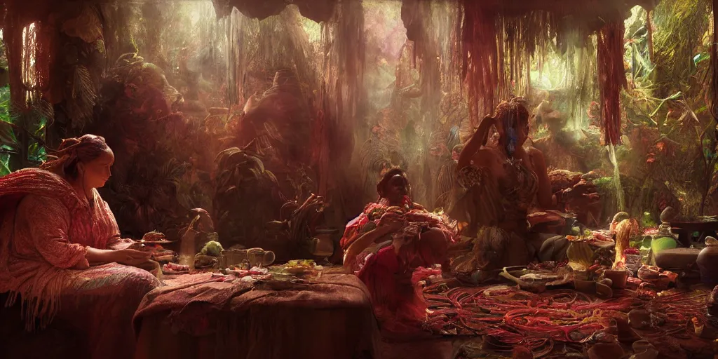 Image similar to grandma, ayahuasca ceremony, indoor organic shaman studio, red vines, serenity, spectral feel, octane render, photoreal, gaston bussiere, greg rutkowski, yoji shinkawa, yoshitaka amano, tsutomu nihei