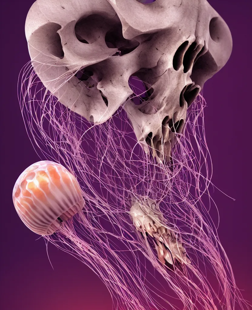 Image similar to goddess close-up portrait ram skull. jellyfish phoenix head, nautilus, orchid, skull, betta fish, bioluminiscent creatures, intricate artwork by Tooth Wu and wlop and beeple. octane render, trending on artstation, greg rutkowski very coherent symmetrical artwork. cinematic, hyper realism, high detail, octane render, 8k