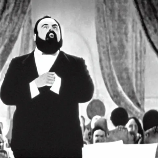 Image similar to film still of luciano pavarotti as kane giving a speech in citizen kane 1 9 4 1