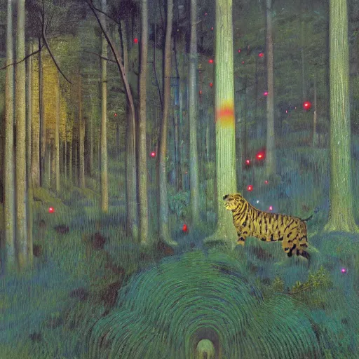 Image similar to psychedelic big cats lush pine forest, horror, scary, dark, outer space, milky way, designed by arnold bocklin, jules bastien - lepage, tarsila do amaral, wayne barlowe and gustave baumann, cheval michael, trending on artstation, star, sharp focus, colorful refracted sparkles and lines, soft light, 8 k 4 k