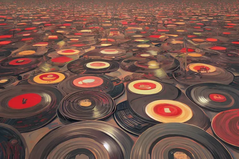 Image similar to an expressive painting of a floor of vinyl records, dark background, red rim light, digital art, artstation, concept art by giger stalenhag