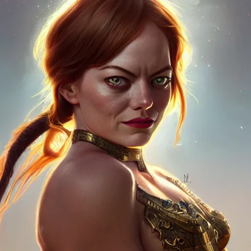 Image similar to fullbody portrait of emma stone, muscular, upper body,big chest, amazon warrior, fantasy, intricate, elegant, highly detailed, digital painting, artstation, concept art, matte, sharp focus, illustration, art by Artgerm and Greg Rutkowski and Alphonse Mucha